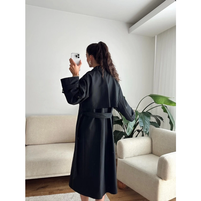 Çizgili Premium Oversize Trençkot - SİYAH