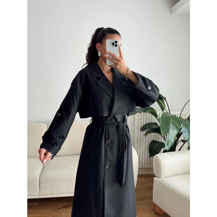 Çizgili Premium Oversize Trençkot - SİYAH