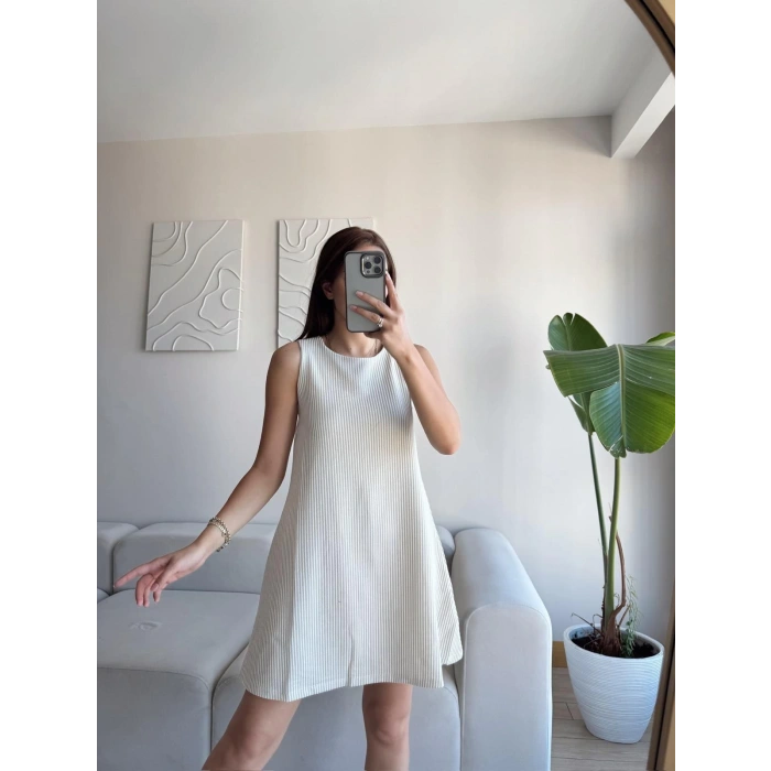 Çizgili Salaş Elbise - BEJ