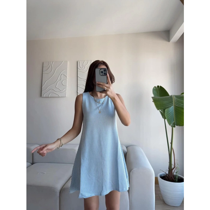 Çizgili Salaş Elbise - MAVİ