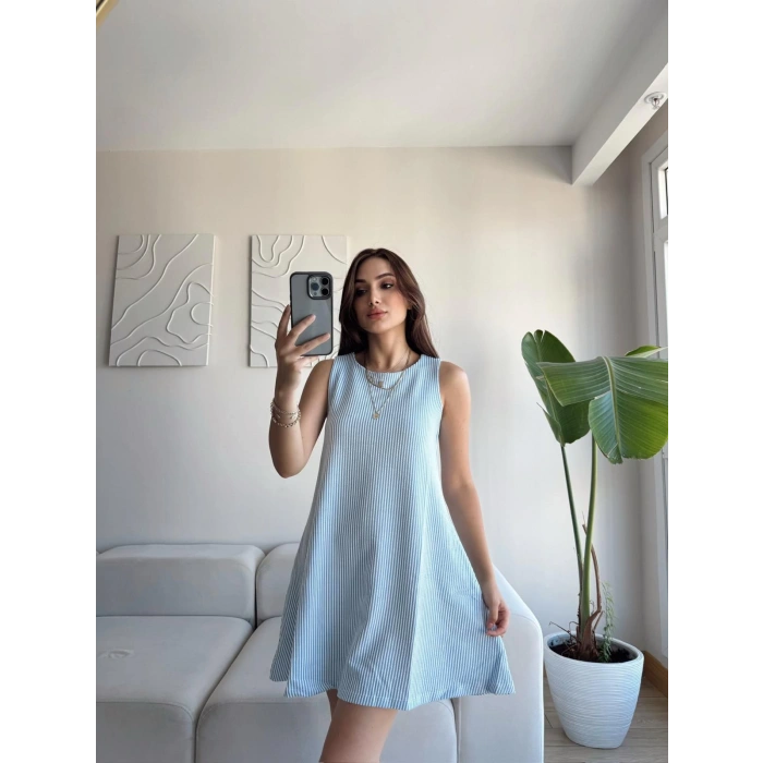 Çizgili Salaş Elbise - MAVİ