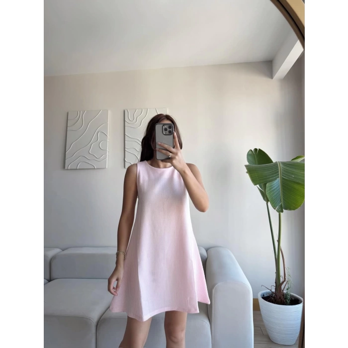 Çizgili Salaş Elbise - PEMBE