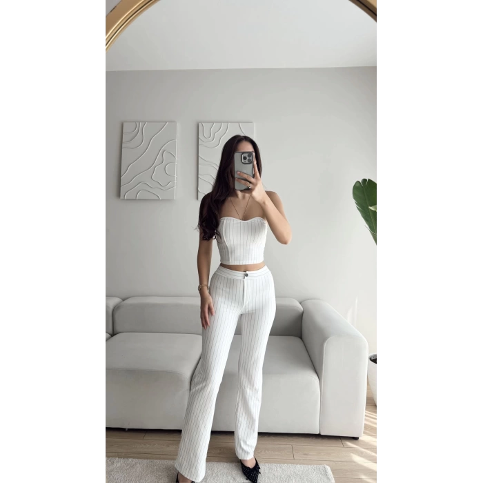 Çizgili Straplez Crop & Pantolon Takım - BEYAZ