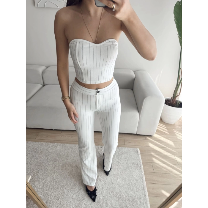 Çizgili Straplez Crop & Pantolon Takım - BEYAZ