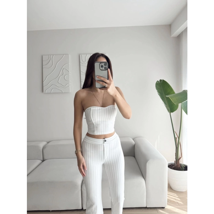 Çizgili Straplez Crop & Pantolon Takım - BEYAZ