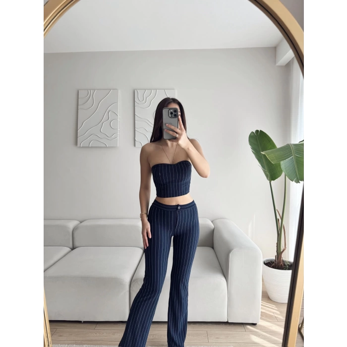 Çizgili Straplez Crop & Pantolon Takım - LACİVERT
