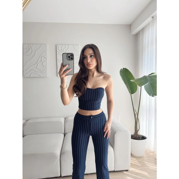 Çizgili Straplez Crop & Pantolon Takım - LACİVERT