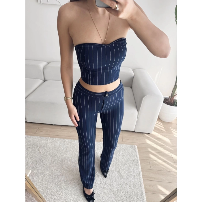 Çizgili Straplez Crop & Pantolon Takım - LACİVERT