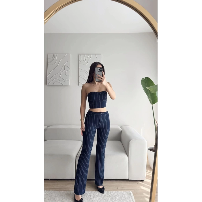 Çizgili Straplez Crop & Pantolon Takım - LACİVERT