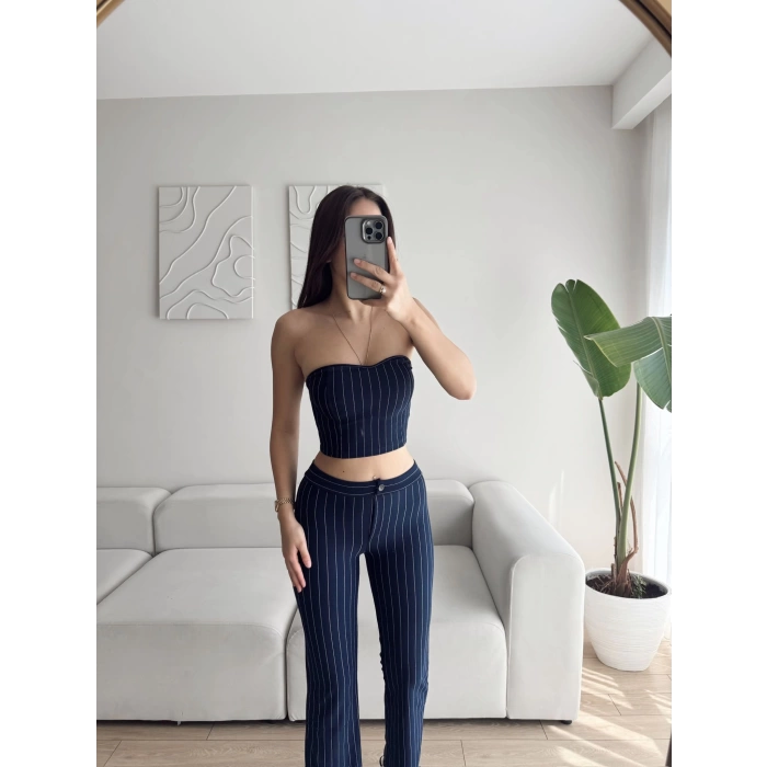 Çizgili Straplez Crop & Pantolon Takım - LACİVERT