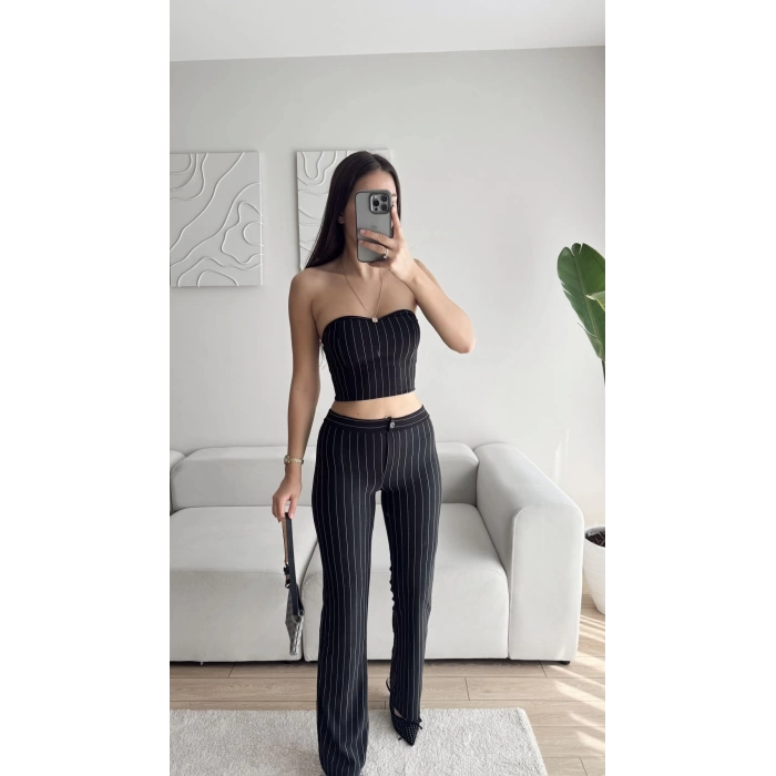 Çizgili Straplez Crop & Pantolon Takım - SİYAH