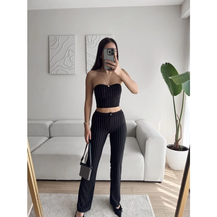 Çizgili Straplez Crop & Pantolon Takım - SİYAH