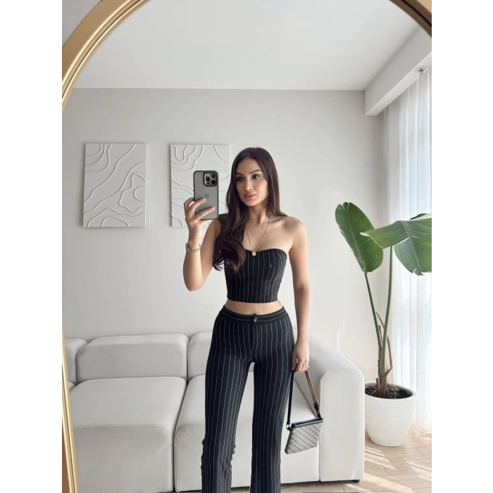 Çizgili Straplez Crop & Pantolon Takım - SİYAH
