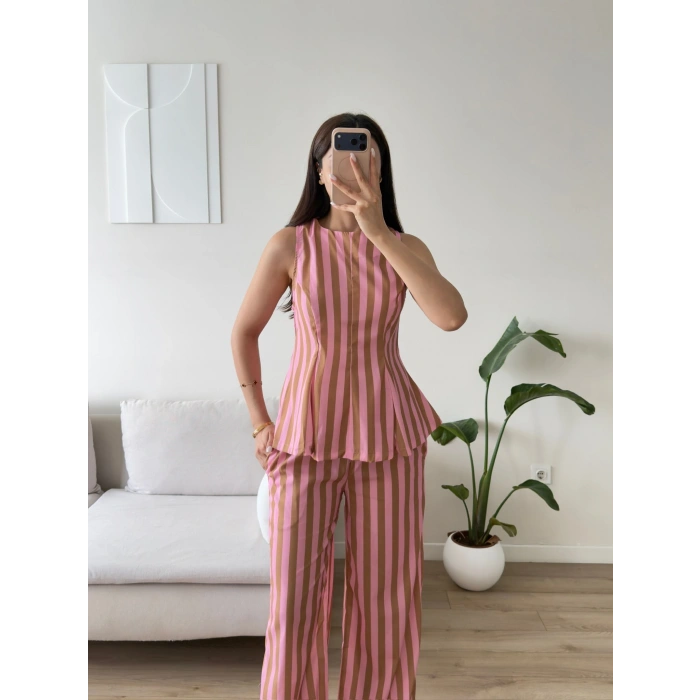 Çizgili Volanlı İkili Takım - PEMBE