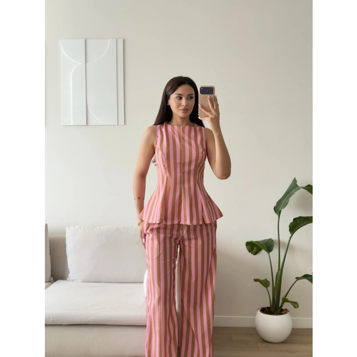 Çizgili Volanlı İkili Takım - PEMBE