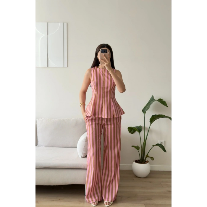 Çizgili Volanlı İkili Takım - PEMBE