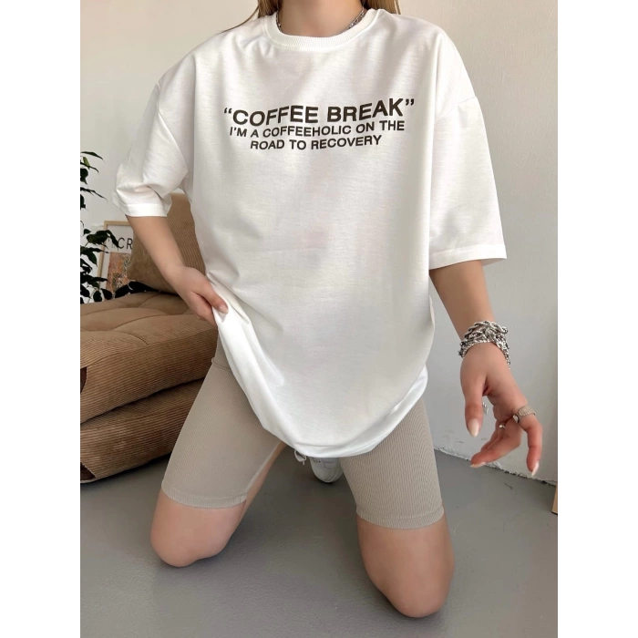 Coffee Break Unisex Oversize T-shirt-BEYAZ