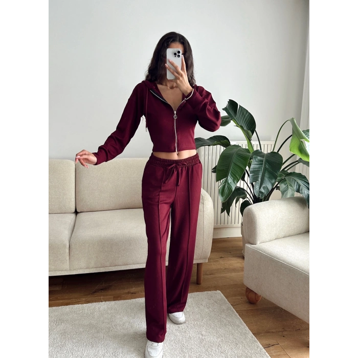 Crop Hırka & Çimalı Pantolon Takım - BORDO