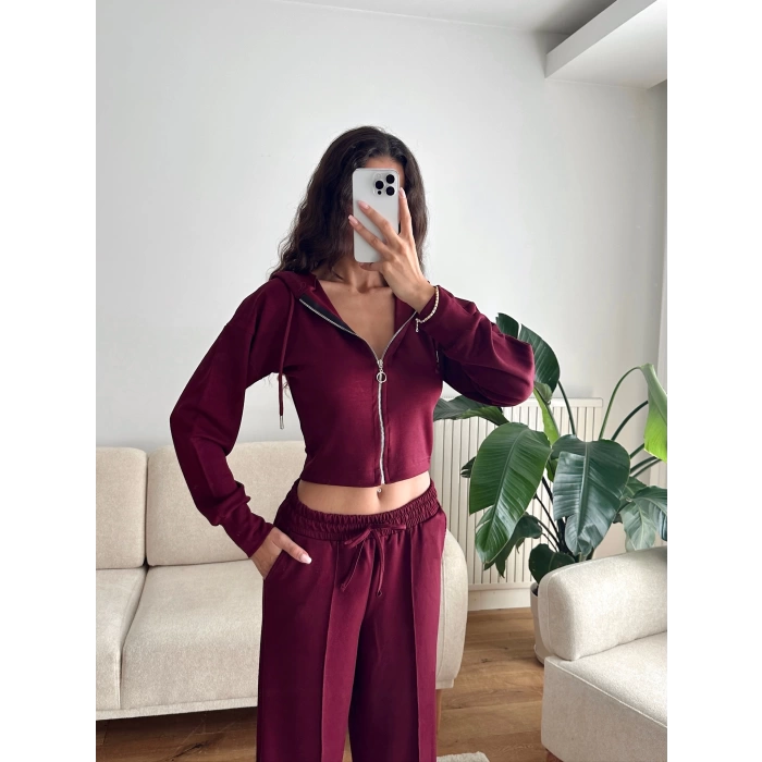 Crop Hırka & Çimalı Pantolon Takım - BORDO