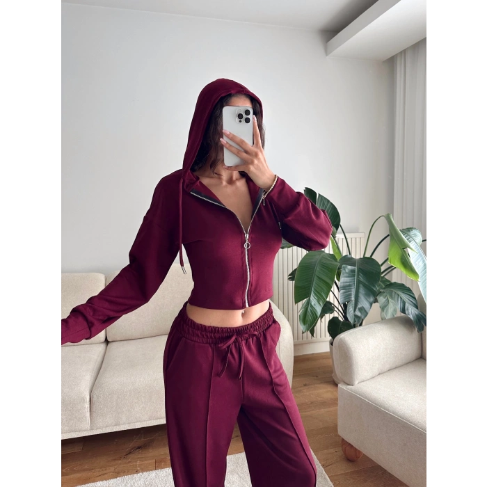 Crop Hırka & Çimalı Pantolon Takım - BORDO
