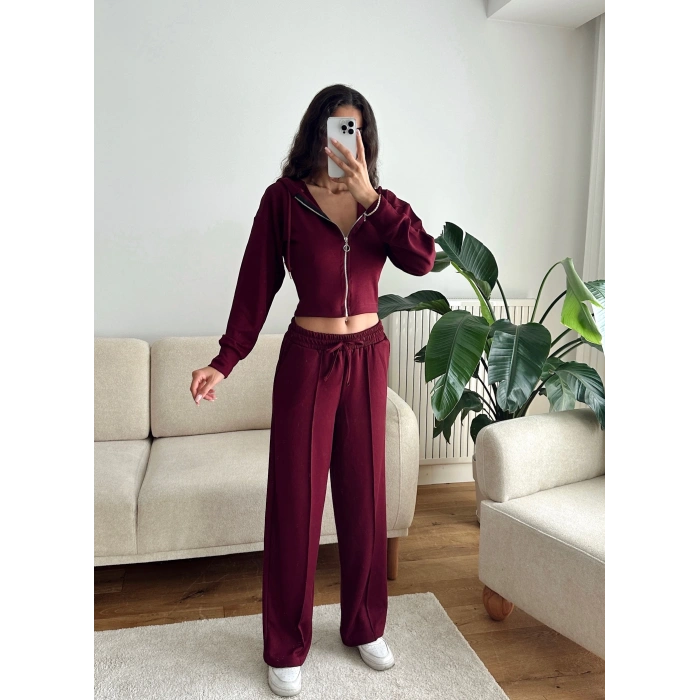 Crop Hırka & Çimalı Pantolon Takım - BORDO
