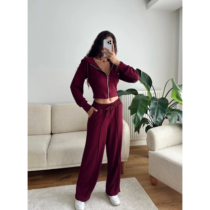 Crop Hırka & Çimalı Pantolon Takım - BORDO