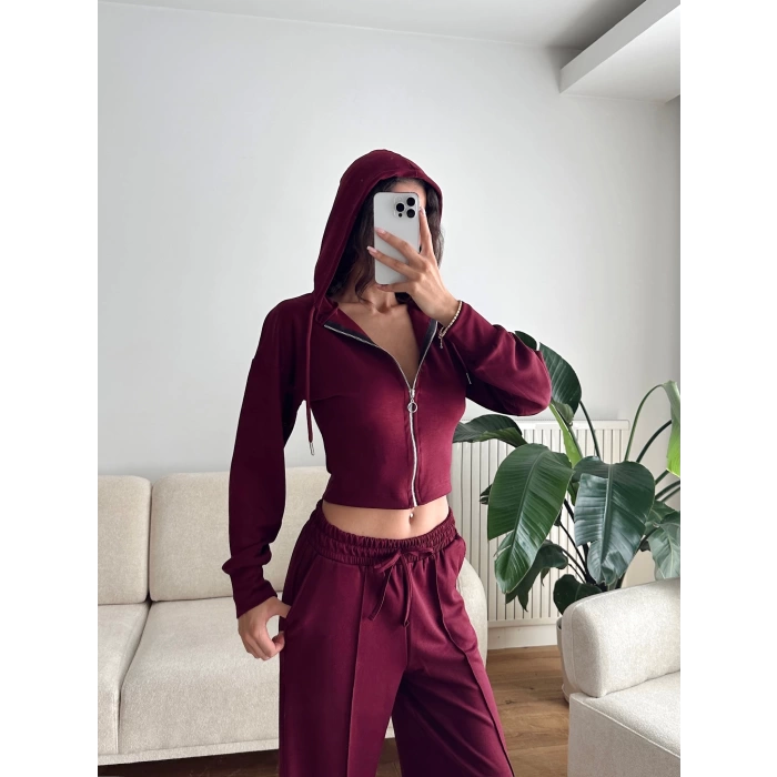 Crop Hırka & Çimalı Pantolon Takım - BORDO
