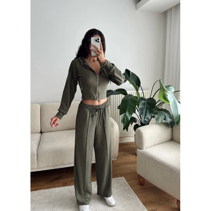 Crop Hırka & Çimalı Pantolon Takım - HAKİ