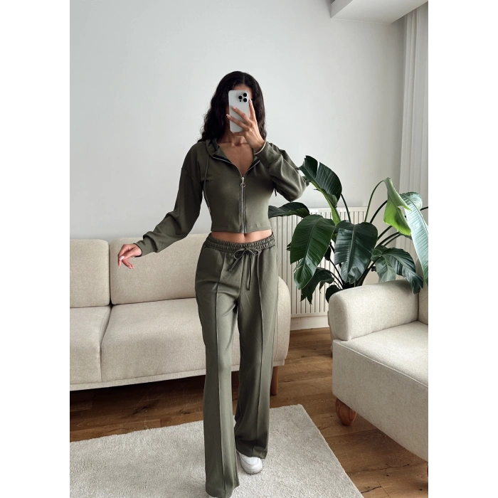 Crop Hırka & Çimalı Pantolon Takım - HAKİ