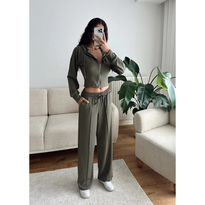 Crop Hırka & Çimalı Pantolon Takım - HAKİ