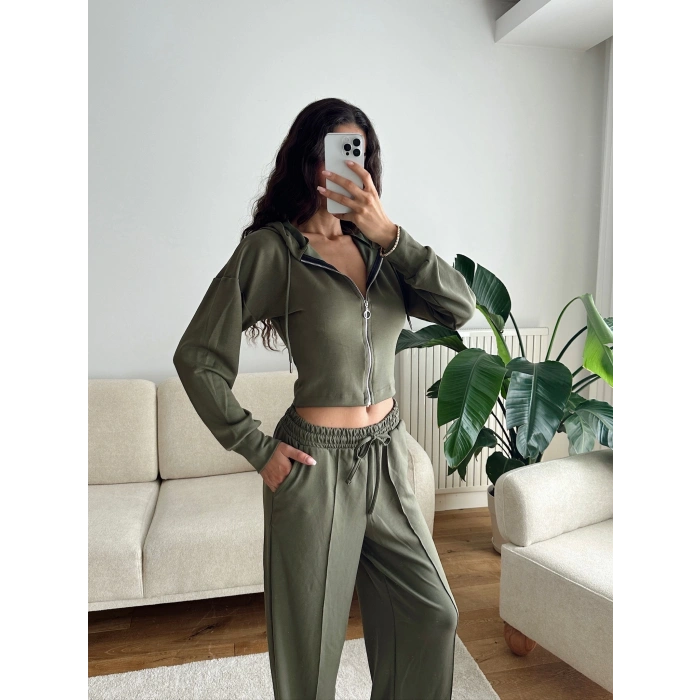 Crop Hırka & Çimalı Pantolon Takım - HAKİ
