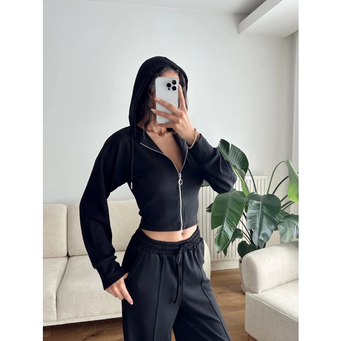 Crop Hırka & Çimalı Pantolon Takım - SİYAH