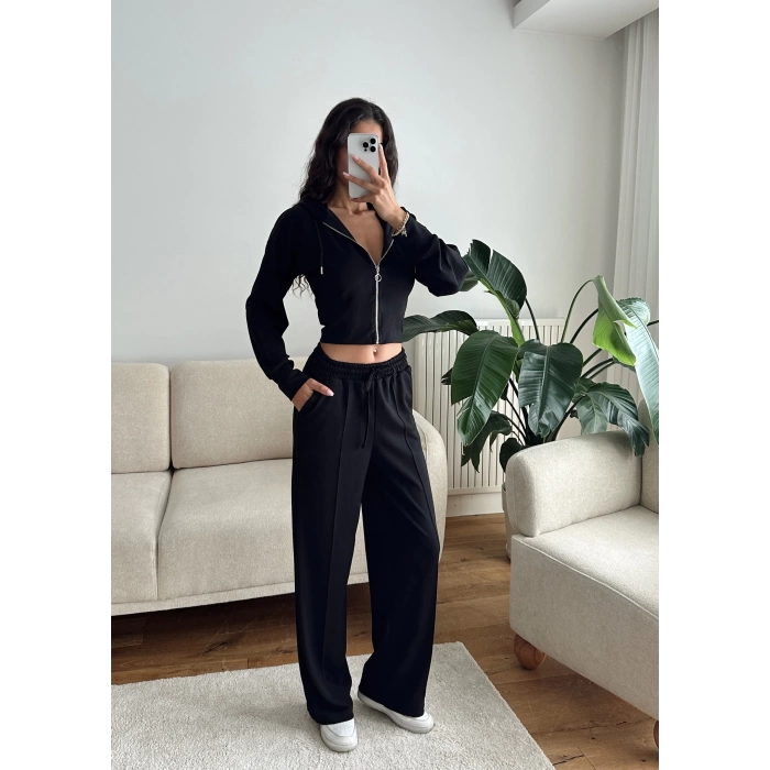 Crop Hırka & Çimalı Pantolon Takım - SİYAH