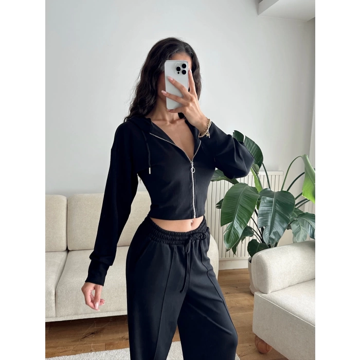 Crop Hırka & Çimalı Pantolon Takım - SİYAH