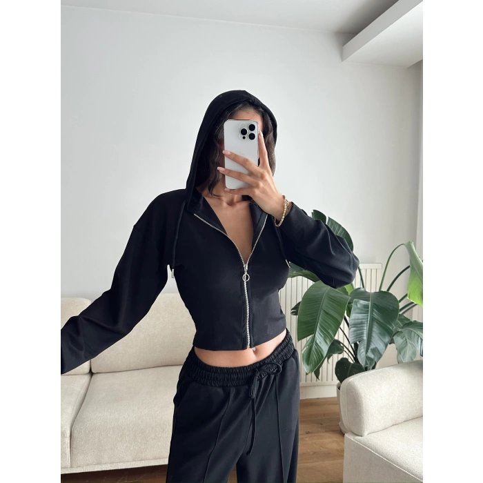 Crop Hırka & Çimalı Pantolon Takım - SİYAH