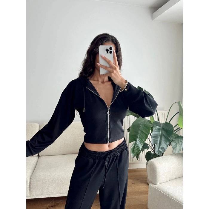 Crop Hırka & Çimalı Pantolon Takım - SİYAH