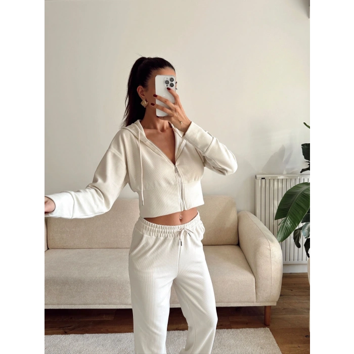 Crop Hırka & Pantolon Takım - BEJ