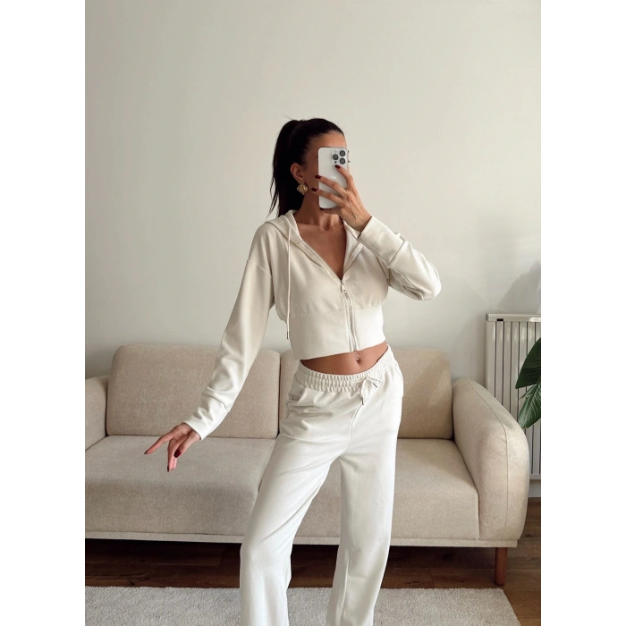 Crop Hırka & Pantolon Takım - BEJ