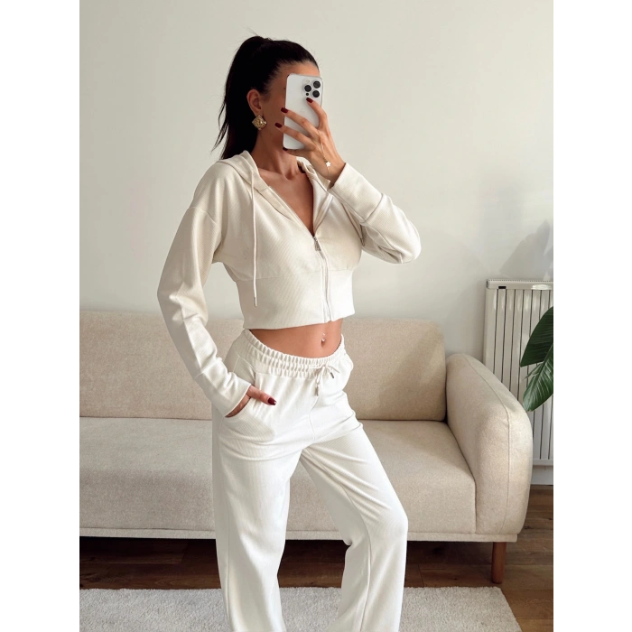 Crop Hırka & Pantolon Takım - BEJ