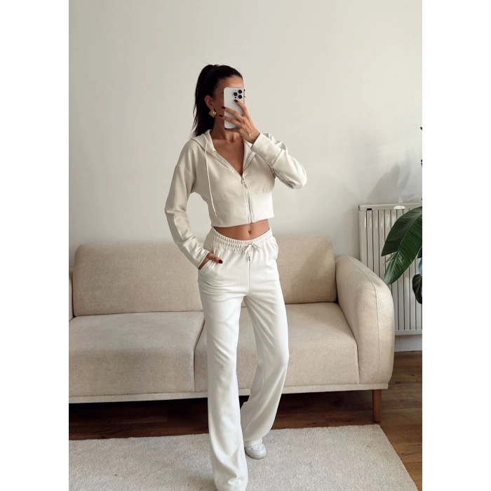 Crop Hırka & Pantolon Takım - BEJ