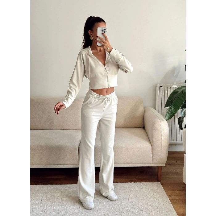 Crop Hırka & Pantolon Takım - BEJ