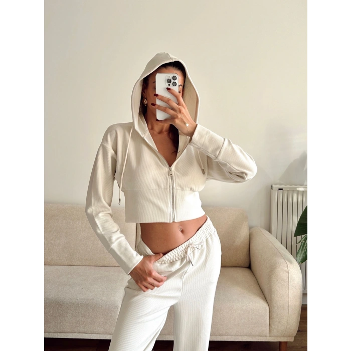 Crop Hırka & Pantolon Takım - BEJ