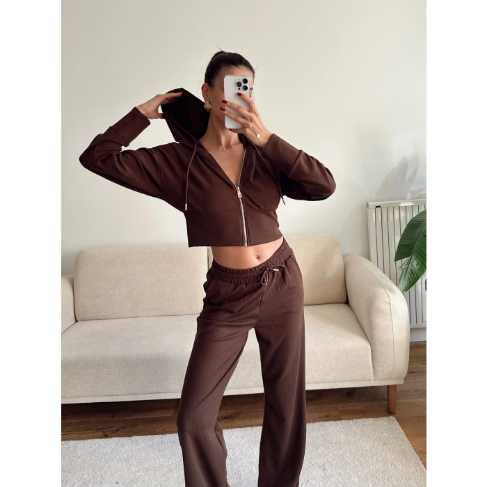 Crop Hırka & Pantolon Takım - KAHVE