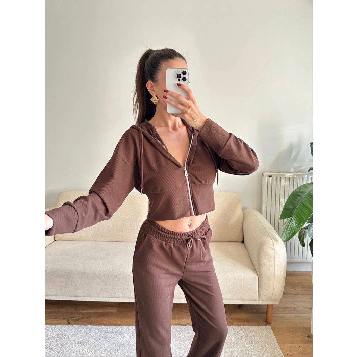 Crop Hırka & Pantolon Takım - KAHVE