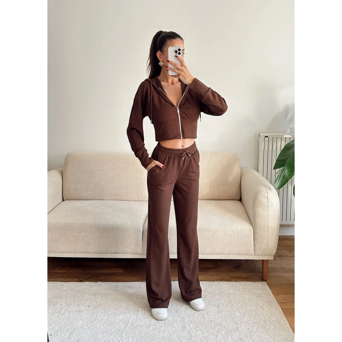 Crop Hırka & Pantolon Takım - KAHVE