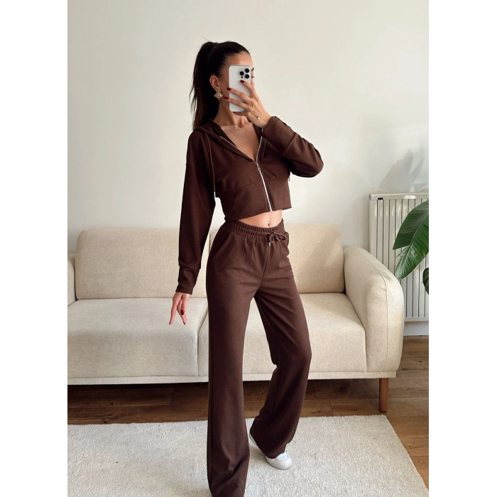 Crop Hırka & Pantolon Takım - KAHVE