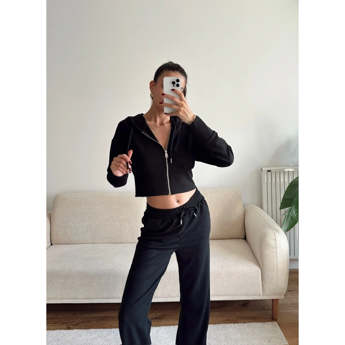 Crop Hırka & Pantolon Takım - SİYAH