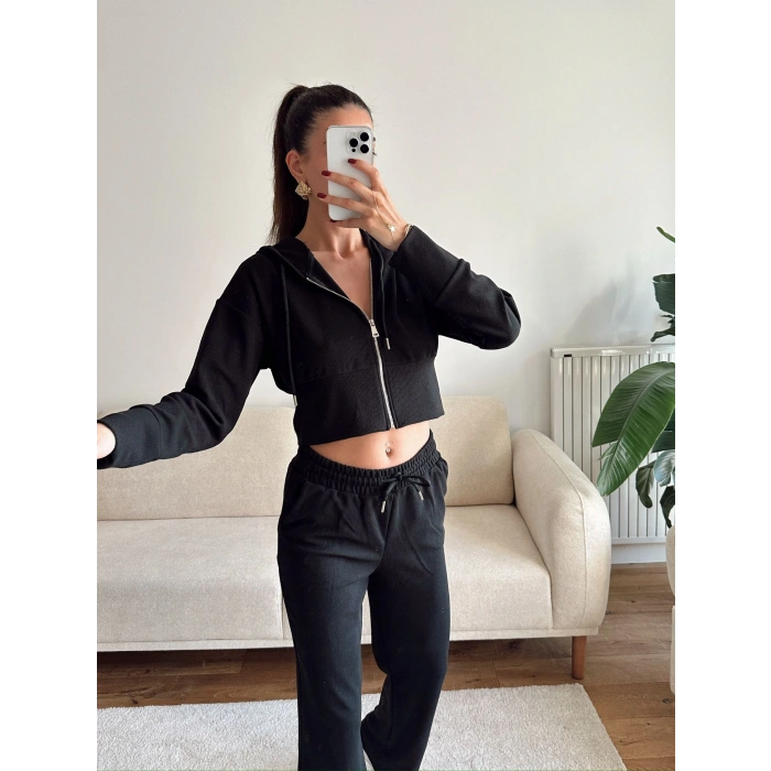 Crop Hırka & Pantolon Takım - SİYAH