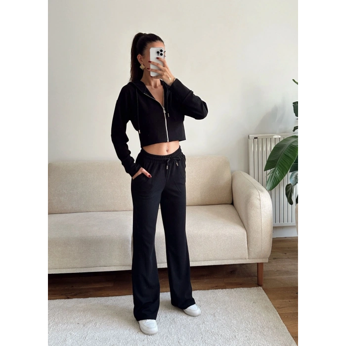Crop Hırka & Pantolon Takım - SİYAH