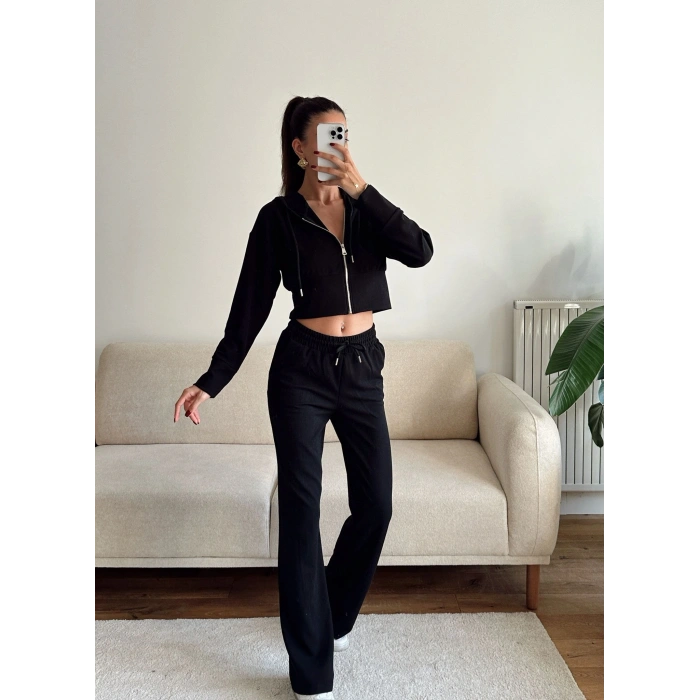 Crop Hırka & Pantolon Takım - SİYAH